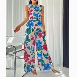 Zara Cream Floral Multi Wide Leg Sleeveless Jumpsuit Size XS NWT